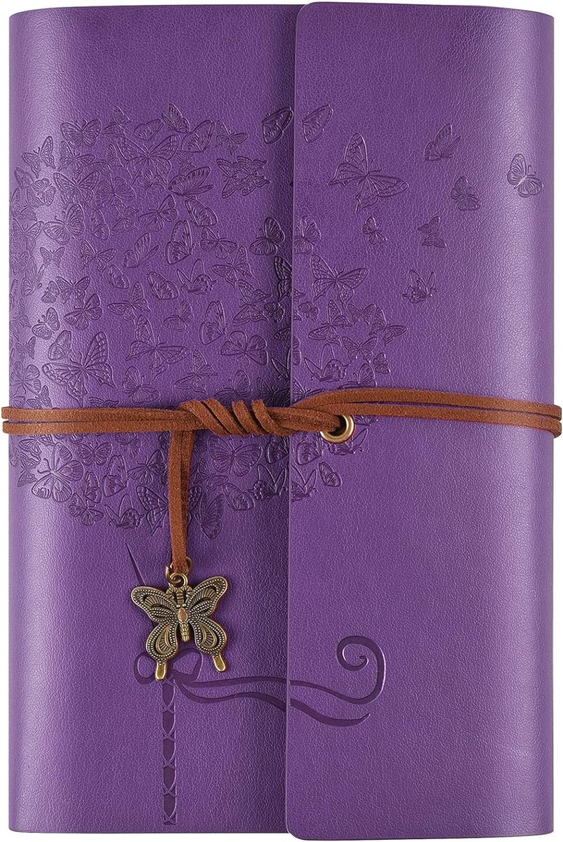 Lederen notitieboek, dagboek, navulbaar dagboek voor vrouwen en meisjes, gelinieerd, retro reizigers dagboek, A6, 13 x 18,5 cm, lila