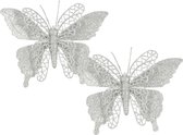 House of Seasons decoratie vlinders op clip - 2x stuks - zilver - 16 cm