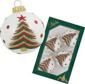Krebs kerstballen - 4x stuks - wit met kerstboom - glas - 7 cm