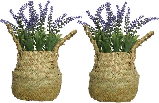 Everlands Lavendel kunstplant in rieten mand - 2x - lila paars - D16 x H27 cm