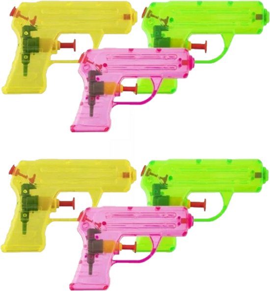 Grafix Waterpistooltje/waterpistool - 6x - klein model - 11 cm - geel/groen/roze