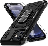 Podec Hoesje geschikt voor iPhone 12 Zwart Telefoonhoesje - Anti-Shock Case Cover Hybrid Armor Hoes met Kickstand Ring met Screenprotector