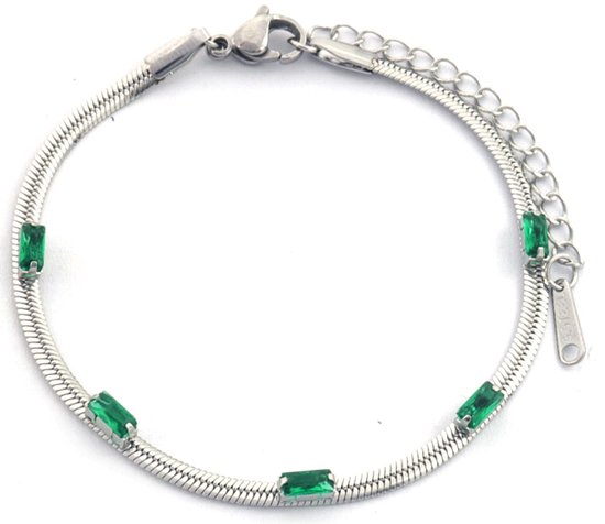 Armband Dames - Zirkonia - RVS - Verstelbaar 16-21 cm - Zilverkleurig en Groen