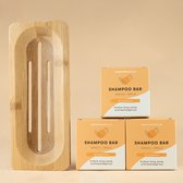 3x Shampoo Bar Mango Papaja + Bamboe plank bundel | Handgemaakt in Nederland | Gemaakt van duurzaam bamboe | 100% biologisch afbreekbare verpakking