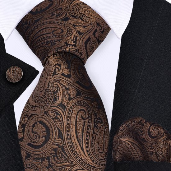 Cravate Sorprese avec pochette de costume et Boutons de manchette - Paisley Marron foncé - 8 cm - 100% Soie - Pochette