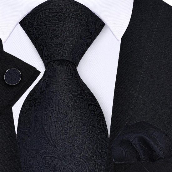 Cravate Sorprese avec pochette de costume et Boutons de manchette - Paisley Zwart - 8 cm - 100% Soie - Pochette