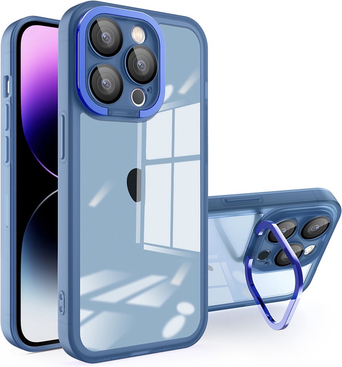 iPhone 14 PRO MAX Hoesje - Transparant - Doorzichtige Achterkant - Met Standaard - Blauw - Provium