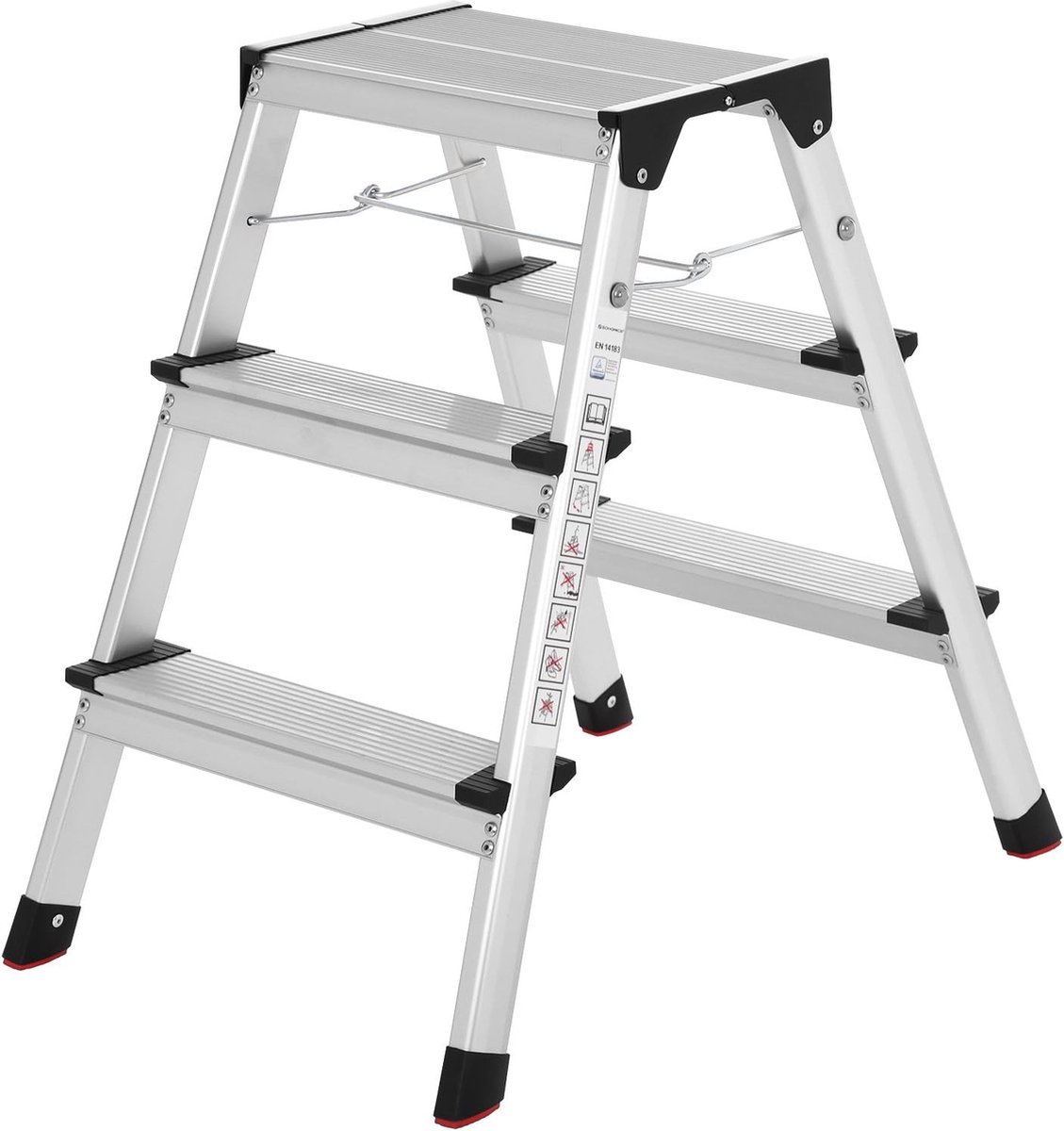 trapladder, aluminium ladder met 3 treden, staande ladder, multifunctionele ladder, tot 150 kg belastbaar, zilver-zwart GLT23K
