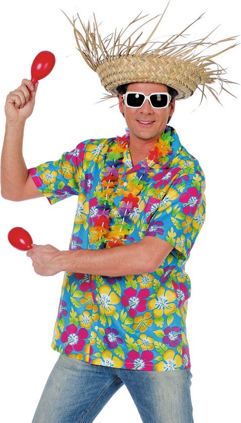 Wilbers & Wilbers - Hawaii & Carribean & Tropisch Kostuum - Tropische Nachten Hawaiishirt Man - Blauw - Medium - Carnavalskleding - Verkleedkleding
