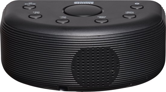 Zwarte wekkerradio van voren gezien, met knoppen aan de bovenkant en een speaker grille.
