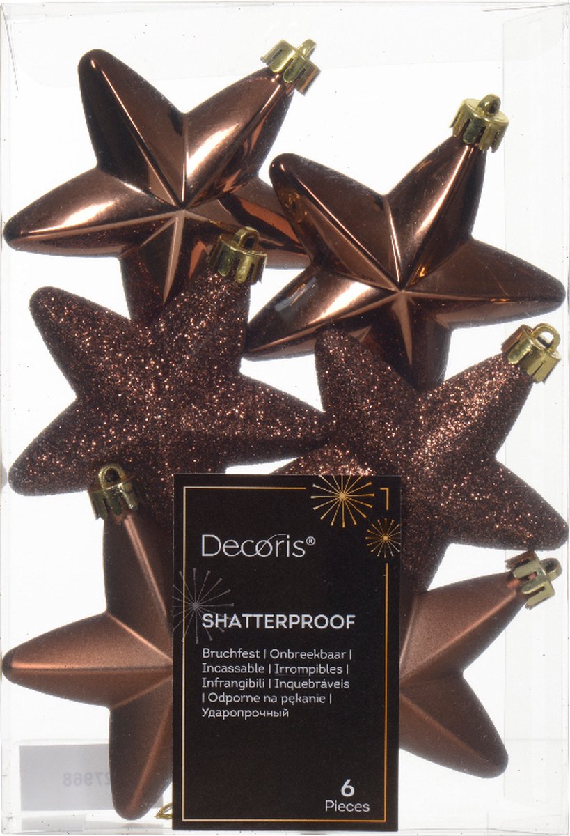 Zes kerstboomversieringen in heldere kleuren en verschillende vormen.