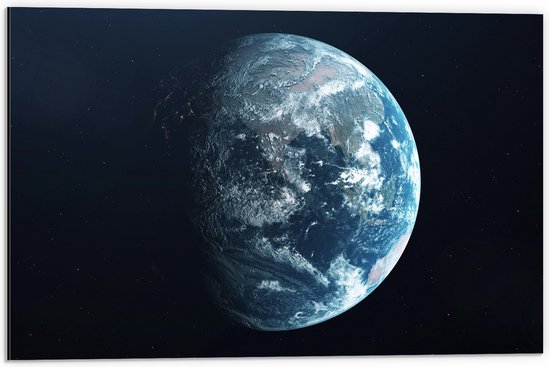 Dibond - Planeet - Aarde - Sterren - 60x40 cm Foto op Aluminium (Wanddecoratie van metaal)