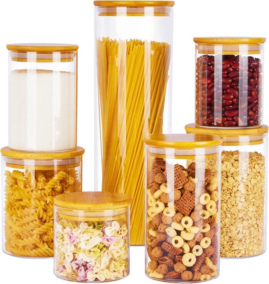 ElbFuchs® Voorraadpotten met deksel luchtdicht | 3x 1000ml | Glazen voorraadpotten van borosilicaatglas met houten deksel | Voor bloem, koffie, suiker en pasta ElbFuchs® Voorraadpotten met deksel luchtdicht | 3x 1000ml | Glazen voorraadpotten van borosilicaatglas met houten deksel | Voor bloem, koffie, suiker en pasta