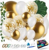 Fissaly 147 Stuks Ballonnenboog Wit, Goud & Groen – Ballonboog Feest Decoratie Versiering – Verjaardag - Helium, Latex & Papieren Confetti Ballonnen Boog