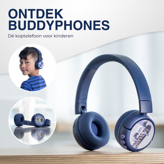 BuddyPhones PopFun kinder Koptelefoon Draadloos – Koptelefoon kinderen geluidsdempend – Gehoorbescherming kinderen – Wasbare Oorkussens – Volumelimiet 84/95 dB – 24 uur batterijduur – Bluetooth - Ingebouwde microfoon - Blauw - Buddyphones