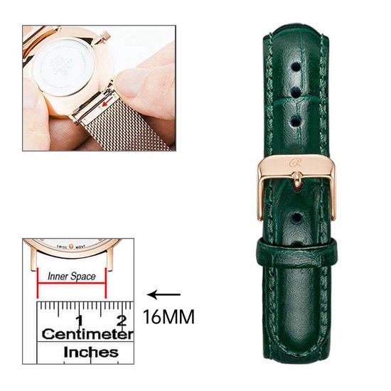 Bracelet cuir 16mm vert foncé/or rose S02.1652DGRG Cuir vert foncé
