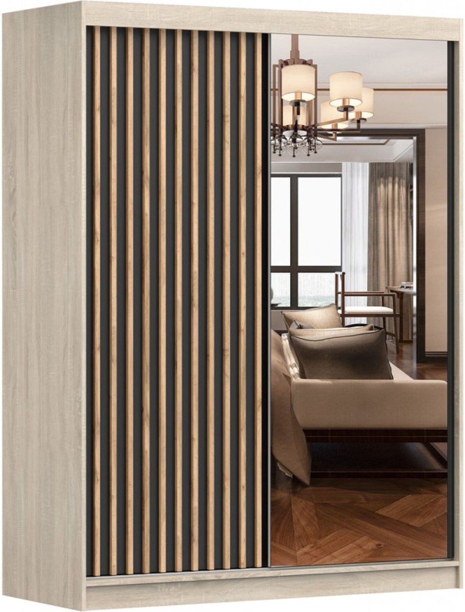 AJE Meubles B.V. Schuifwandkast met decoratieve lamellen, Zweefdeurkast Kledingkast met Spiegel, kast met planken en kledingstang Gaderobe 150x200x61 cm - LABI C1 (Sonoma + Zwart, 150) Bruin + Zwart
