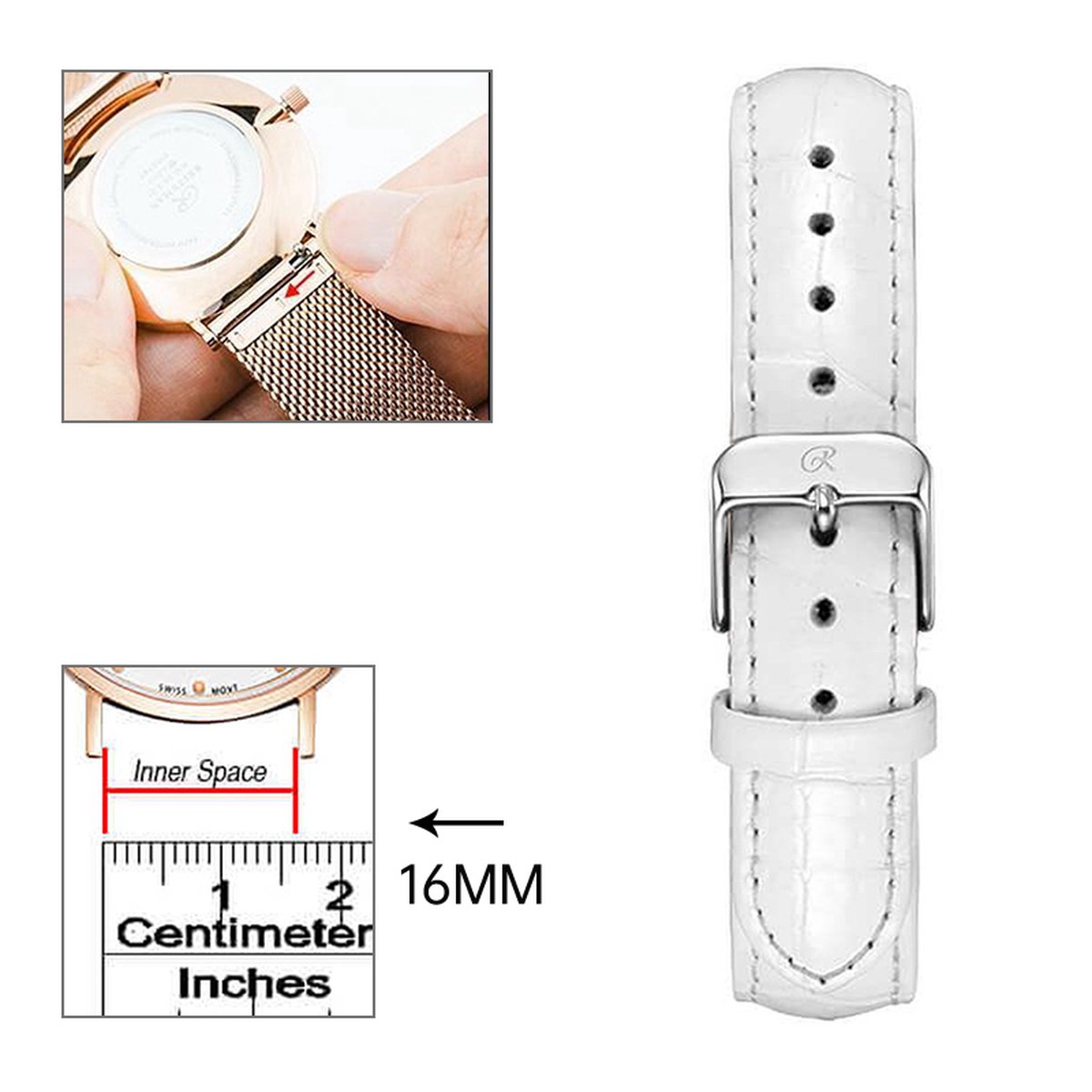 16mm Universele lederen band-leather Strap white-silver-Quick Release - Past op Alle Merken met 16mm Aanzetmaat