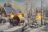 Schilderij groot met ledverlichting - Canvas op houten frame - Huifkar langs huizen en kerkje - van kleur veranderende Kerstboom - 3 x LED + 30 x Fiberverlichting - 60 x 40 cm - Kerstdorp