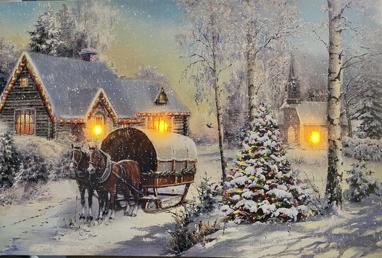 Grand tableau avec éclairage LED - Toile sur châssis en bois - Chariot couvert le long des maisons et de l'église - Sapin de Noël aux couleurs changeantes - 3 x LED + 30 x Éclairage fibre - 60 x 40 cm - Village de Noël