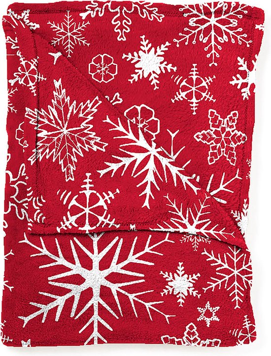 Mistral Home - KERSTPLAID - flannel - 130 x 170 cm - sneeuwkristallen - rood