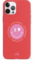 xoxo Wildhearts Love Yourself Red - Double Layer - Rood hoesje geschikt voor Apple iPhone 12 Pro Max - Hoesje met smiley emoji - Hardcase case geschikt voor iPhone 12 Pro Max - Smiley case - rood