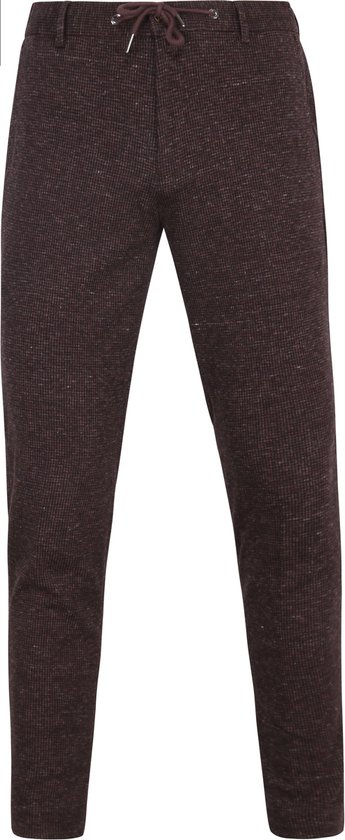 Donkerbruine broek met een pied-de-poule patroon, elastische tailleband met veter.