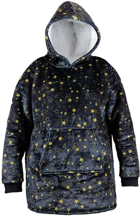 Zwarte hoodie met gele sterrenprint, aan de binnenkant wit fleece gevoerd, met grote kangoeroezak aan de voorkant.
