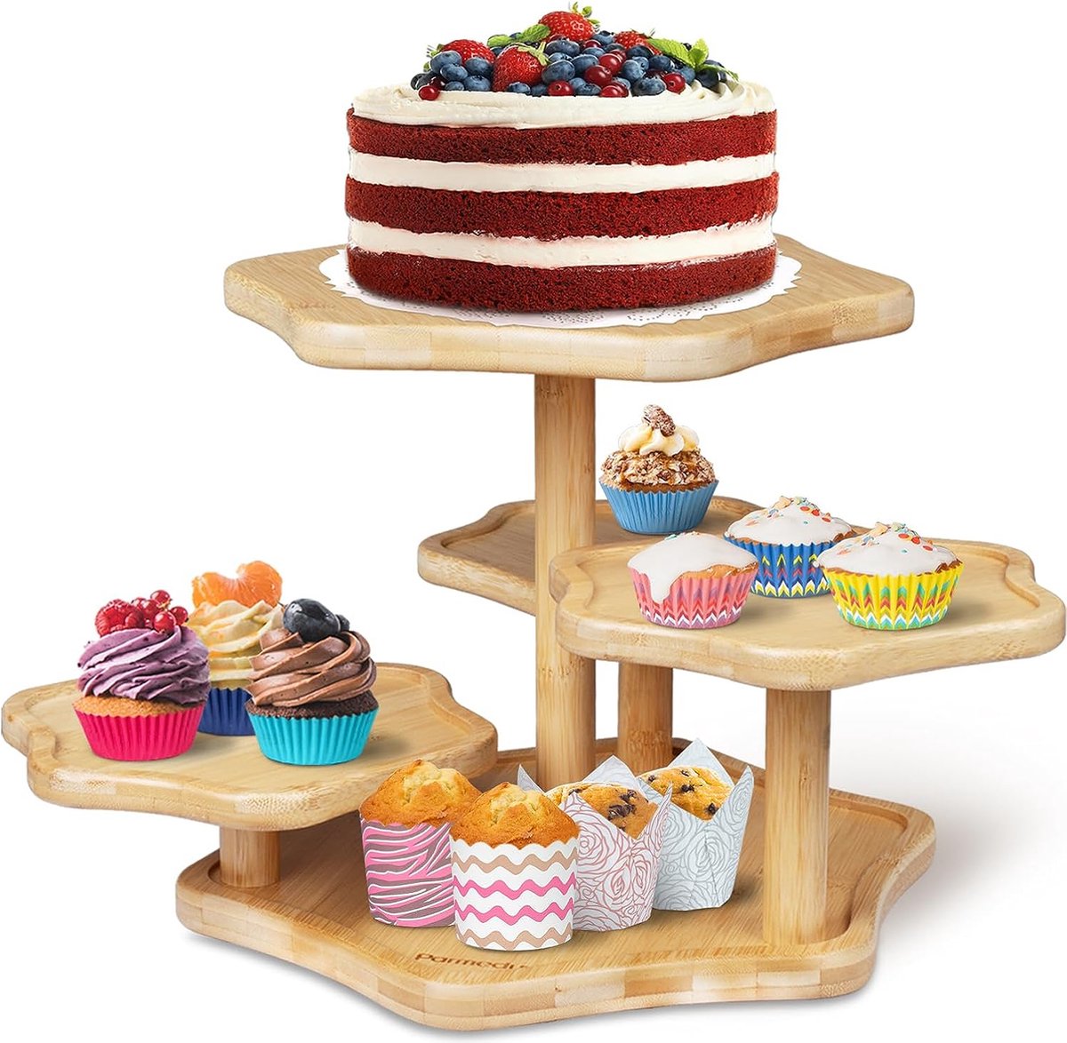 5-laags bamboe cupcake torenstandaard: biedt plaats aan 50 cupcakes, houten wolkentaartstandaard - gelaagd dienbladdecor, cupcakehouder voor theekransjes, koffiepauzes, festivals, verjaardagen, bruiloften