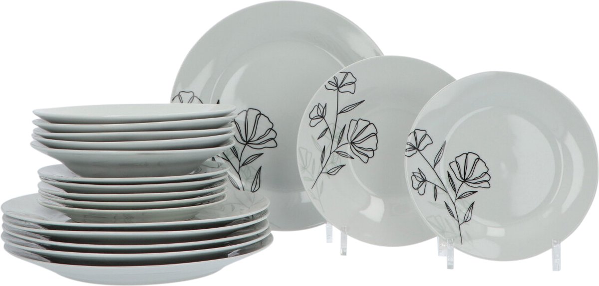 4goodz Azalea Porseleinen Servies set 6-persoons 18-delig - Wit/Zwart