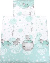 Unisex baby wiegset 4-delig beddengoedset: dekbed met overtrek en hoofdkussen met overtrek, kleur: maan met olifant / mint, maat: 80x80 cm