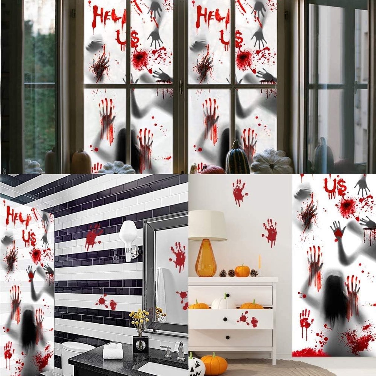 Décorations Halloween Fenêtre - Autocollants Sanglants Réutilisables - Kit Empreintes Mains/pieds + Poster Zombie - 7