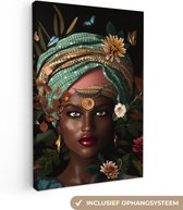 Canvas Schilderij Vrouw - Bloemen - Vlinders - Planten - Sieraden - Luxe - 60x90 cm - Wanddecoratie