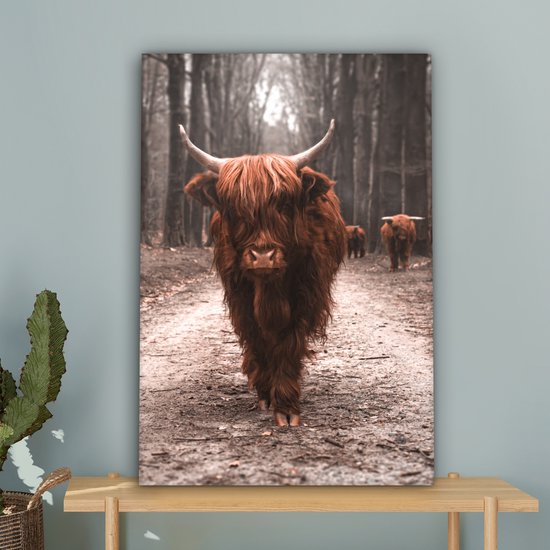 Peinture sur toile Scottish Highlander - Forêt - Vache - Animaux - Nature - 60x90 cm - Décoration murale