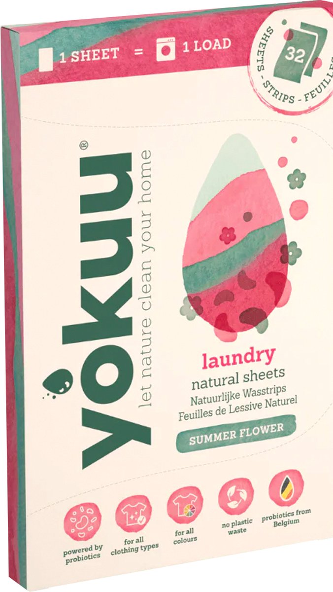 YOKUU Wasstrips - 32 Wasbeurten - Eco Wasmiddel - Wasdoekjes voor Zwart, Wit en Kleur Was - Zomer Bloem