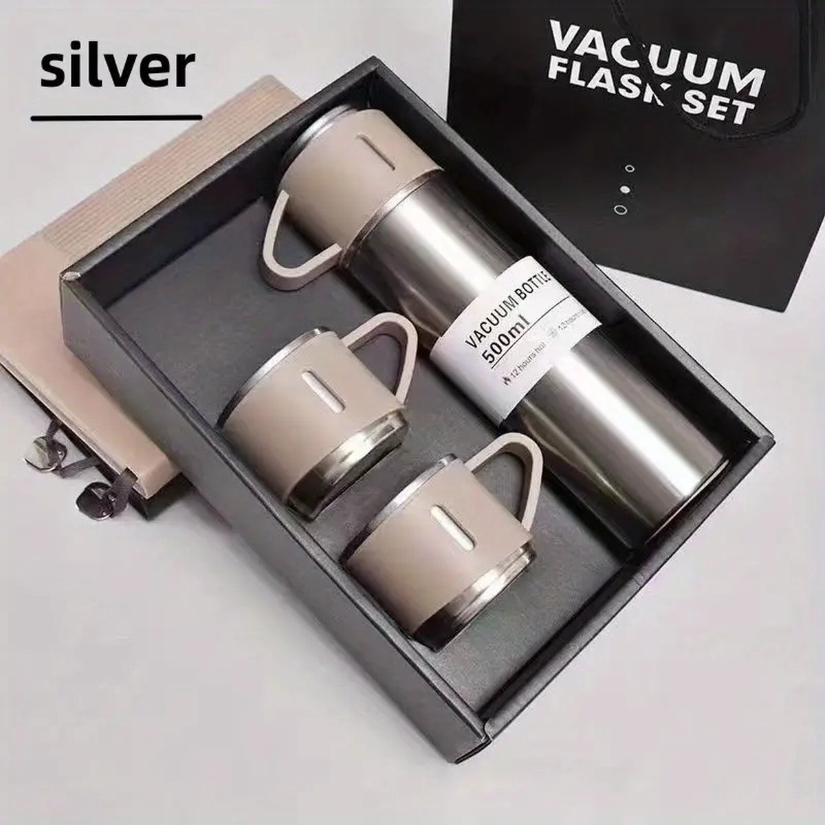 Thermo Roestvrijstalen thermosfles, 500 ml, vacuüm-geïsoleerde fles met beker voor koffie, warme en koude drank, set met 3 bekers(Zilver)