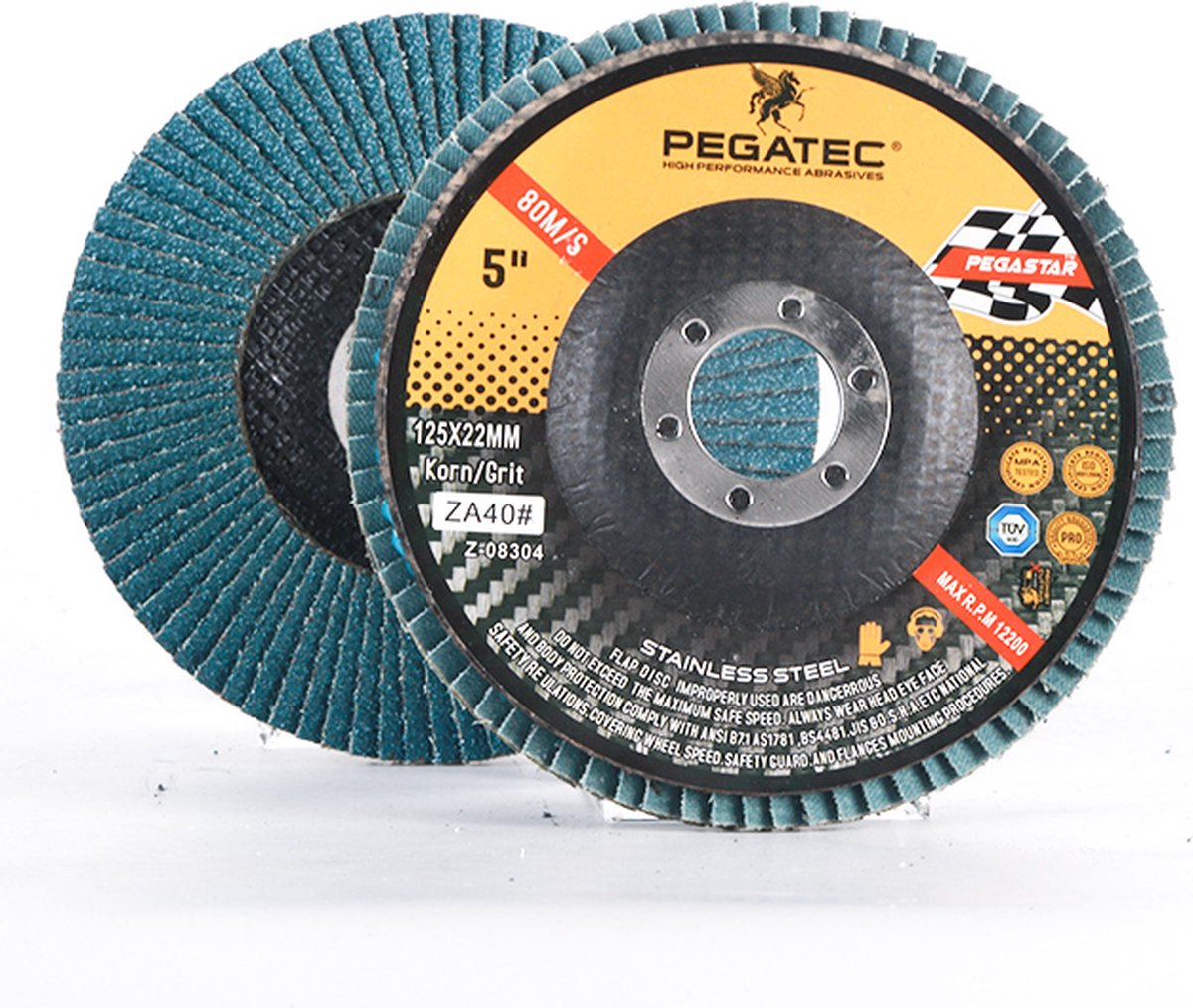 Pegatec High Performance - 5 Stuks - Lamellenschijven - Schuurschijven - Korrel 80 - Zirkonium - Geschikt voor RVS en Metaal - 125mm - Asgat 22,2mm - Voor Haakse Slijper/Slijptol