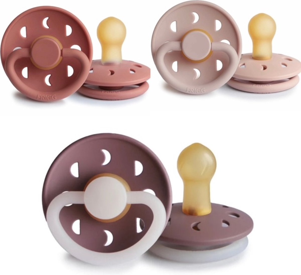 Goedkoopste Frigg Moon Fopspeen set 3 stuks Powder Blush,Blush en Twilight Mauve Moon Night 0-6 maand maat 1