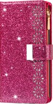 Hoesje geschikt voor iPhone 15 - Bookcase - Koord - Pasjeshouder - Portemonnee - Glitter - Bloemenpatroon - Kunstleer - Roze