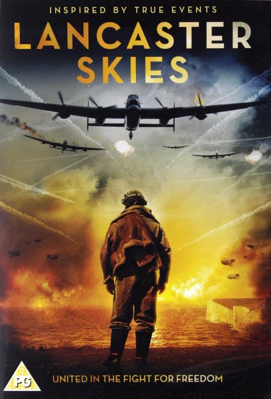 Poster van 'Lancaster Skies' met een piloot die naar Lancaster-bommenwerpers kijkt in een zonsondergang.