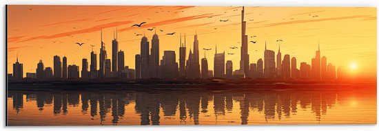 Dibond - Stad - Gebouwen - Vogels - Zonsondergang - 60x20 cm Foto op Aluminium (Met Ophangsysteem)