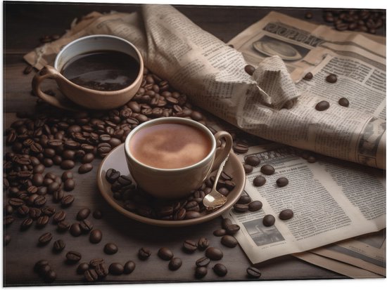 Vlag - Koffie - Krant - Koffiebonen - Lepel - Kopje - 80x60 cm Foto op Polyester Vlag