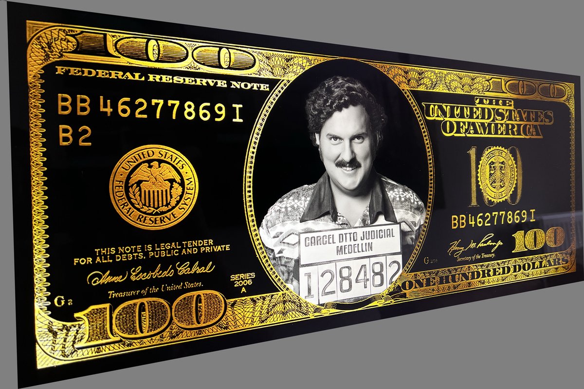Plexiglas schilderij "Pablo Escobar Dollar gold" 160x70cm wanddecoratie