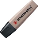 Een STABILO BOSS ORIGINAL highlighter in warm grijs, met de zwarte dop erop.