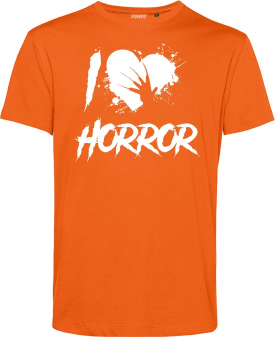 T-shirt I Love Horror | Halloween Kostuum Volwassenen | Horror Shirt | Gothic Shirt | Oranje | maat M