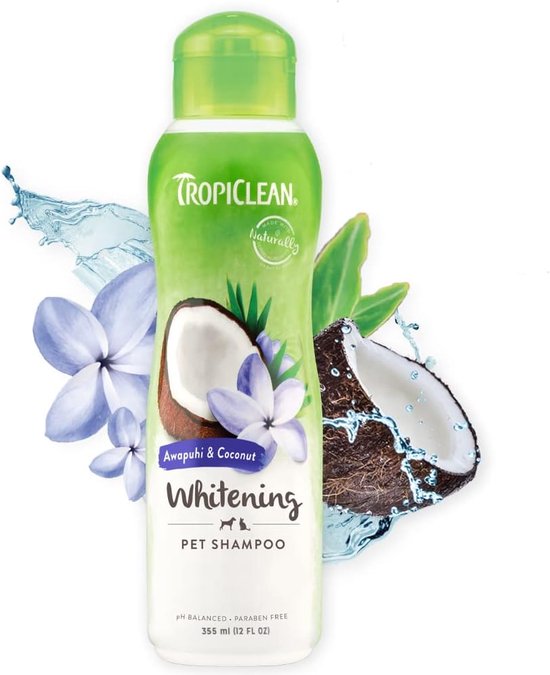 TropiClean Awapuhi & Kokos whitening hondenshampoo met water, bloemen, kokosnoot en bladeren.