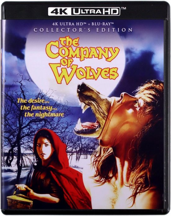 Omslag van de Collector's Edition 4K Ultra HD Blu-ray van The Company of Wolves met Roodkapje en een wolf.