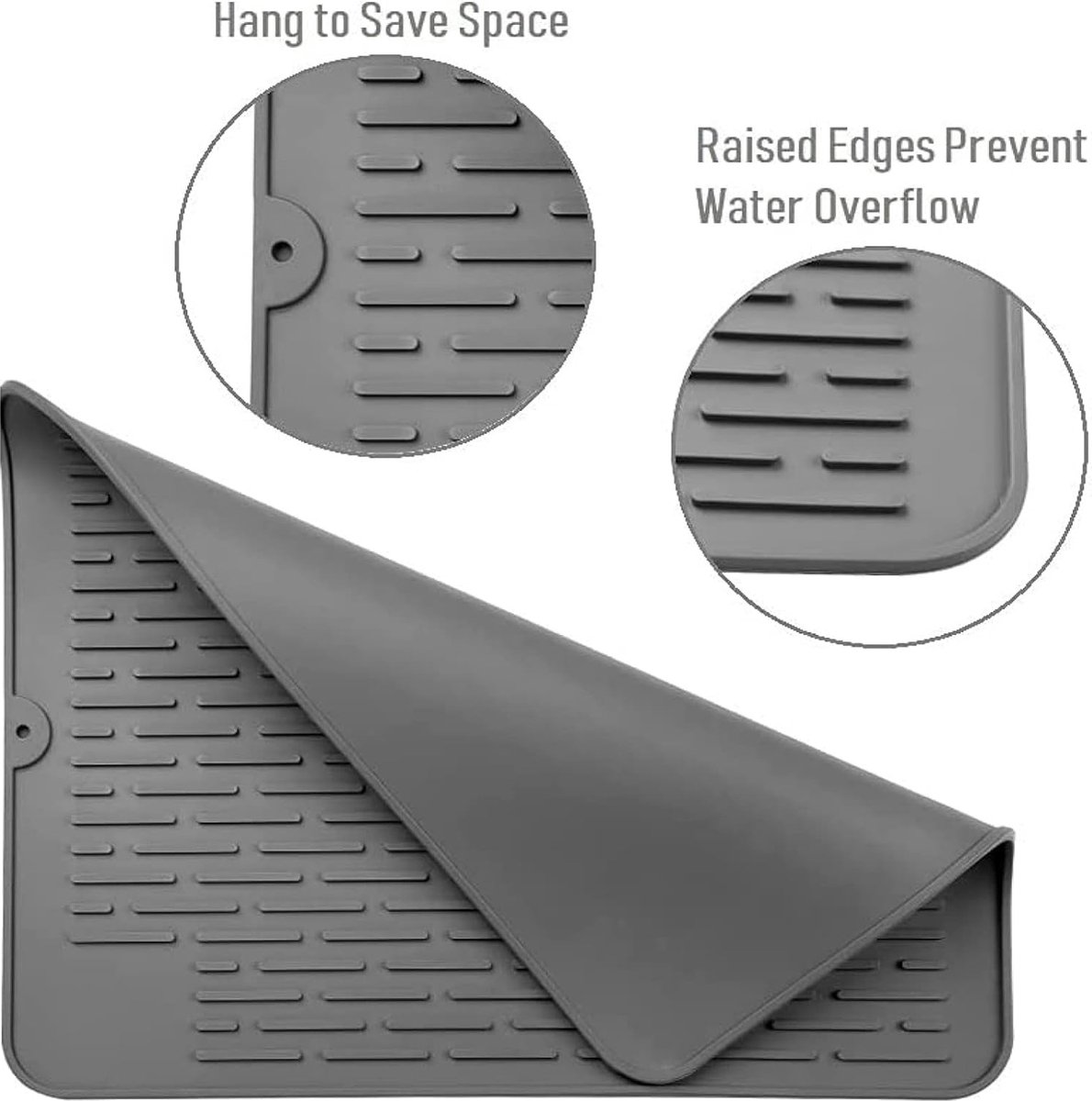 Afdruipmat van siliconen, 40 cm x 30 cm, milieuvriendelijk, hittebestendig en antislip, geschikt voor het opbergen van bestek en servies, siliconenmat, grijs, groot