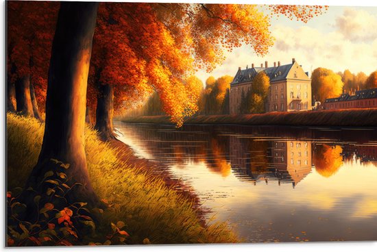 Dibond - Rivier - Gebouw - Water - Bomen - Herfst - 75x50 cm Foto op Aluminium (Wanddecoratie van metaal)