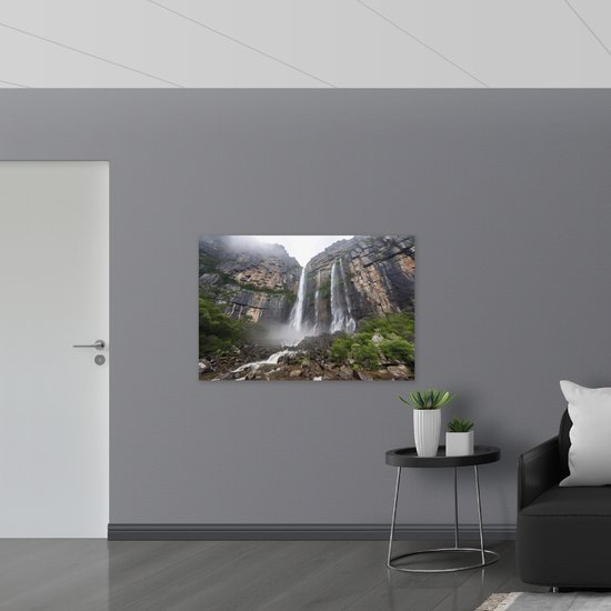 Muursticker - Rotsen - Waterval - Stenen - Bomen - 120x80 cm Foto op Muursticker